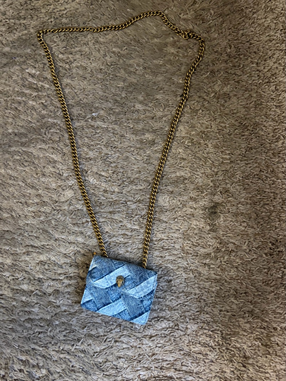 Gold Chain Shoulder Bag Necklace with Light Blue Patchwork Exterior